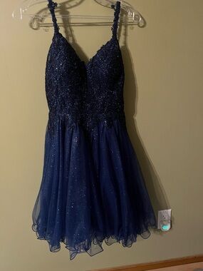 Glittery Navy Lace Spaghetti Strap prom/graduation dress